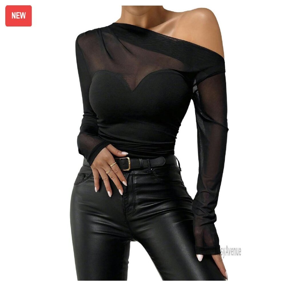 Gothic Asymmetrical One Shoulder Mesh Top Long Sleeve Rave Festival Shirt